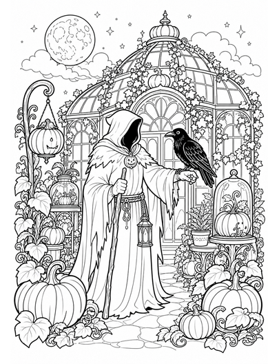 Moonlit Pumpkin Conservatory With Raven Keeper printable coloring page from the halloween coloring pages collection