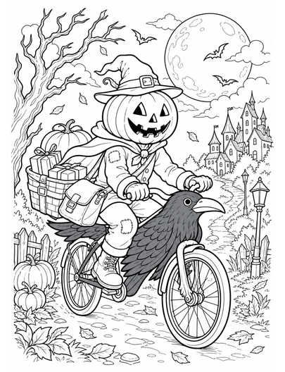 Moonlit Pumpkin Courier On A Raven Bicycle printable coloring page from the halloween coloring pages collection