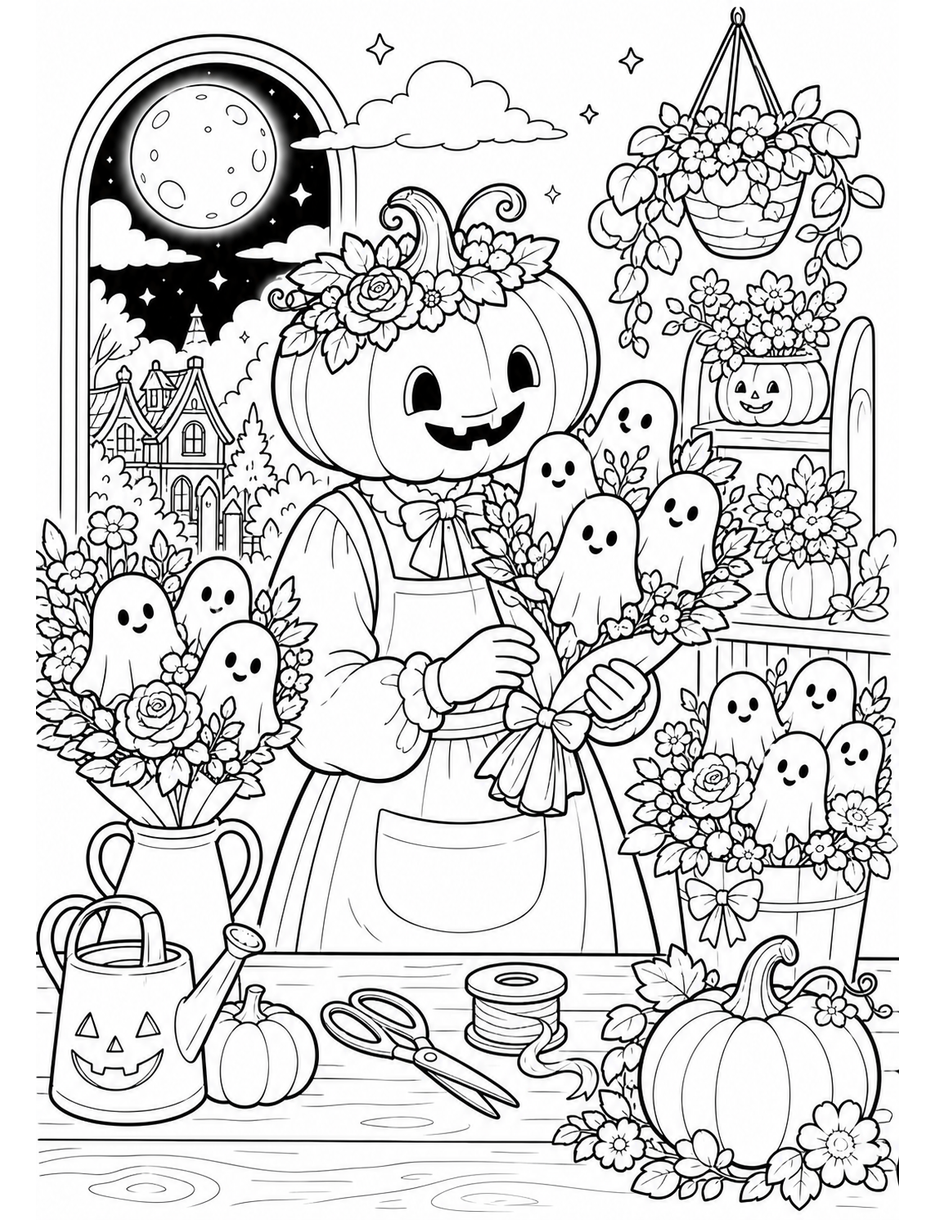 Moonlit Pumpkin Florist With Ghost Bouquets printable coloring page from the halloween coloring pages collection