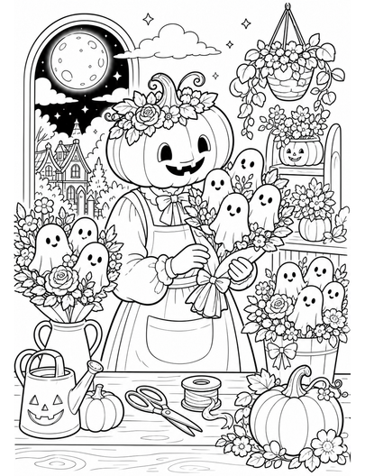 Moonlit Pumpkin Florist With Ghost Bouquets printable coloring page from the halloween coloring pages collection