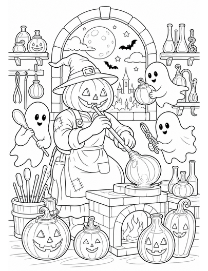 Moonlit Pumpkin Glassblower With Ghost Helpers printable coloring page from the halloween coloring pages collection