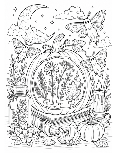Moonlit Pumpkin Herbarium With Ghost Moths printable coloring page from the halloween coloring pages collection