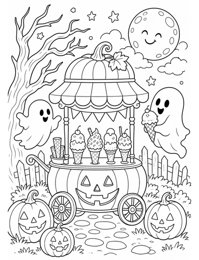 Moonlit Pumpkin Ice Cream Cart With Ghosts printable coloring page from the halloween coloring pages collection