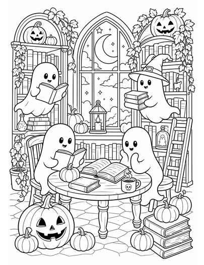 Moonlit Pumpkin Library With Friendly Ghosts printable coloring page from the halloween coloring pages collection