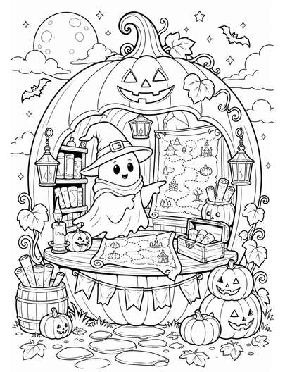Moonlit Pumpkin Map Shop With A Ghost Guide printable coloring page from the halloween coloring pages collection