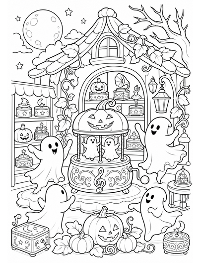 Moonlit Pumpkin Music Box Shop With Ghost Dancers printable coloring page from the halloween coloring pages collection