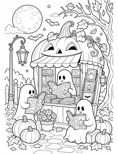 Moonlit Pumpkin Newsstand With Ghost Readers printable coloring page from the halloween coloring pages collection