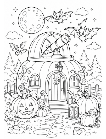 Moonlit Pumpkin Observatory With Friendly Bats printable coloring page from the halloween coloring pages collection