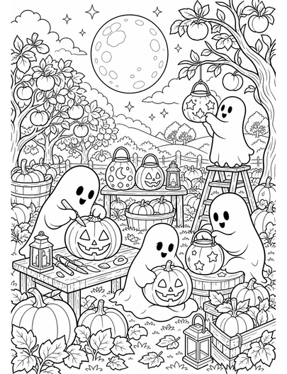 Moonlit Pumpkin Orchard With Ghost Lantern Makers printable coloring page from the halloween coloring pages collection