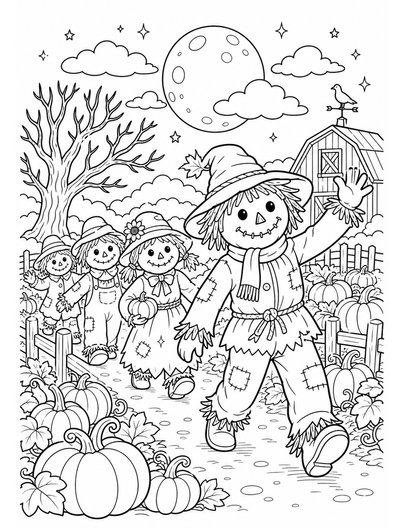 Moonlit Pumpkin Patch With Scarecrow Parade printable coloring page from the halloween coloring pages collection