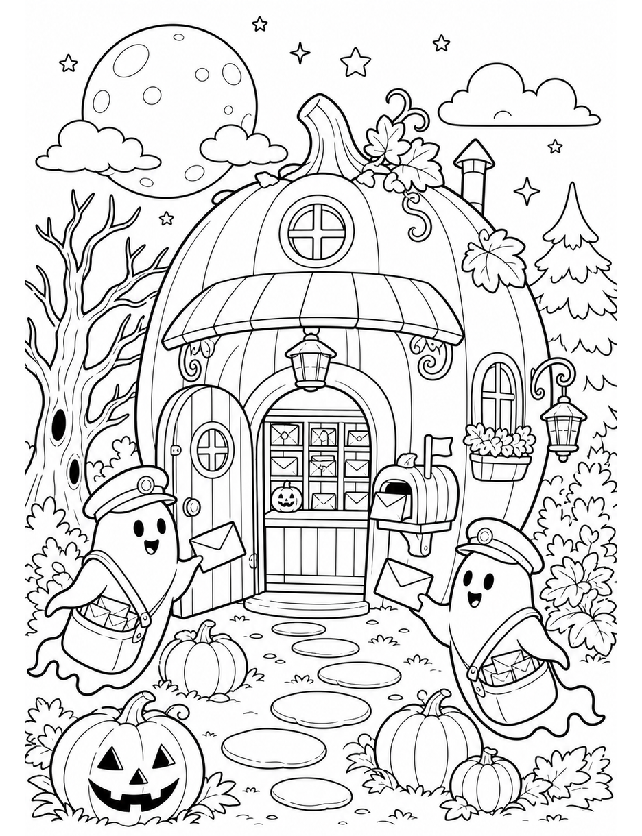 Moonlit Pumpkin Post Office With Ghost Mail printable coloring page from the halloween coloring pages collection