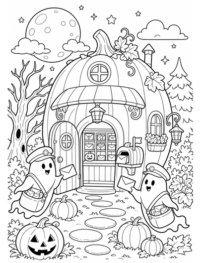 Moonlit Pumpkin Post Office With Ghost Mail printable coloring page from the halloween coloring pages collection
