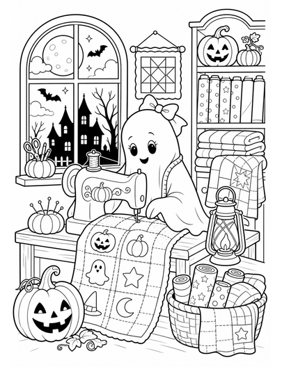 Moonlit Pumpkin Quilt Shop With Ghost Seamstress printable coloring page from the halloween coloring pages collection
