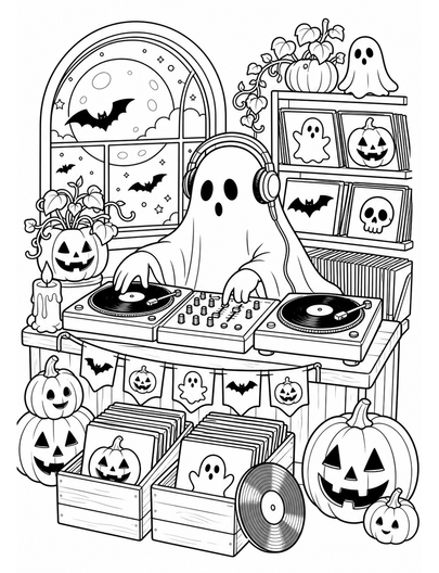 Moonlit Pumpkin Record Shop With Ghost DJ printable coloring page from the halloween coloring pages collection