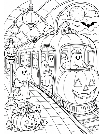 Moonlit Pumpkin Subway With Ghost Commuters printable coloring page from the halloween coloring pages collection