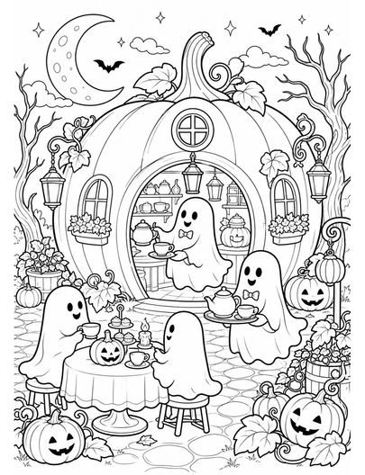 Moonlit Pumpkin Tea House With Ghost Waiters printable coloring page from the halloween coloring pages collection