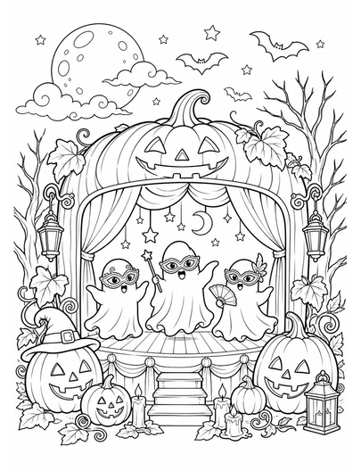 Moonlit Pumpkin Theater With Masked Ghosts printable coloring page from the halloween coloring pages collection
