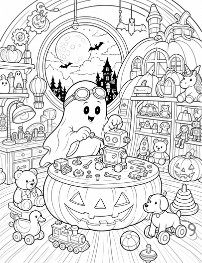 Moonlit Pumpkin Toy Shop With Ghost Inventor printable coloring page from the halloween coloring pages collection