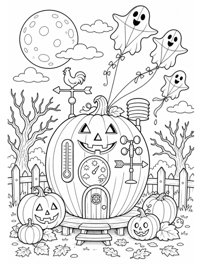 Moonlit Pumpkin Weather Station With Ghost Kites printable coloring page from the halloween coloring pages collection