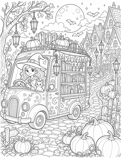 Moonlit Witch Bookmobile In Pumpkin Lane printable coloring page from the halloween coloring pages collection