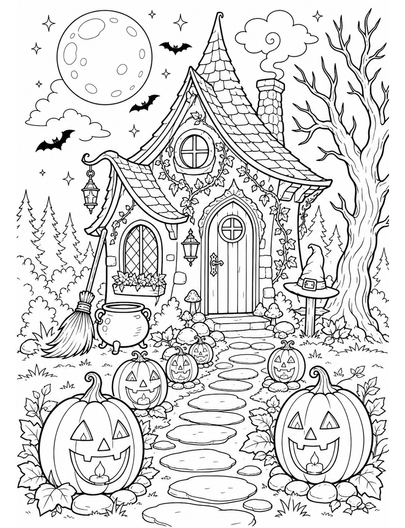 Moonlit Witch Cottage With Pumpkin Lantern Path printable coloring page from the halloween coloring pages collection