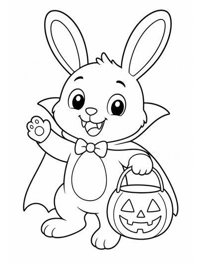 Playful Vampire Bunny With A Pumpkin Pail printable coloring page from the halloween coloring pages collection