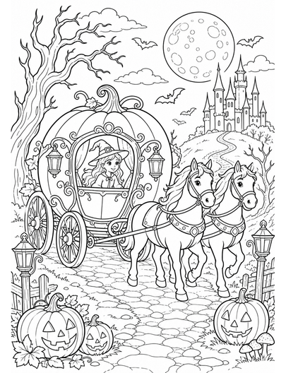 Pumpkin Carriage Ride Under A Full Moon printable coloring page from the halloween coloring pages collection