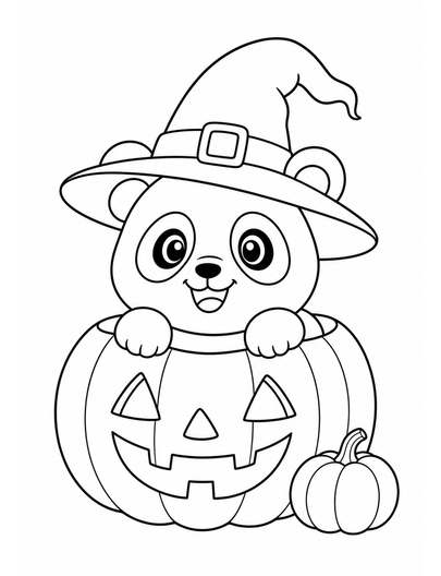 Pumpkin Panda Wearing A Witch Hat printable coloring page from the halloween coloring pages collection