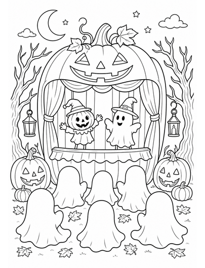 Pumpkin Puppet Theater With Ghost Audience printable coloring page from the halloween coloring pages collection