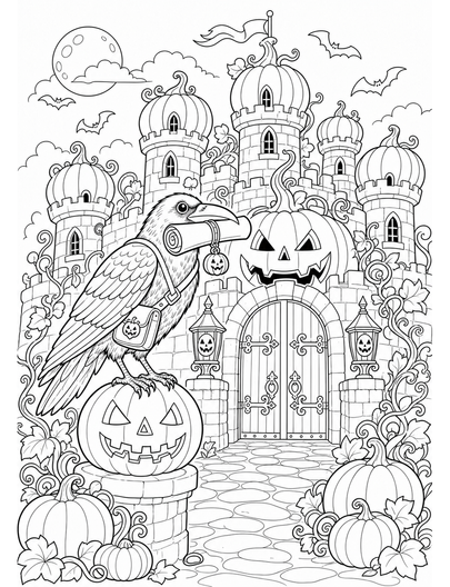 Raven Messenger At The Pumpkin Castle Gate printable coloring page from the halloween coloring pages collection