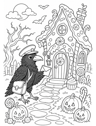 Raven Postman At A Crooked Candy Cottage printable coloring page from the halloween coloring pages collection