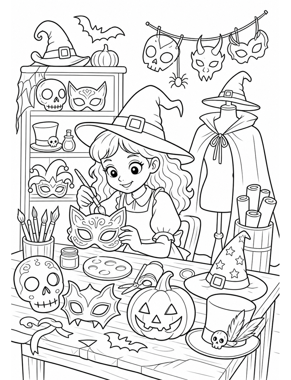 Spooky Costume Workshop With Masks And Hats printable coloring page from the halloween coloring pages collection