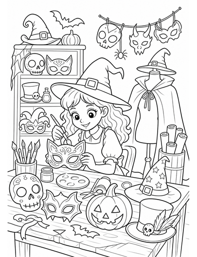 Spooky Costume Workshop With Masks And Hats printable coloring page from the halloween coloring pages collection
