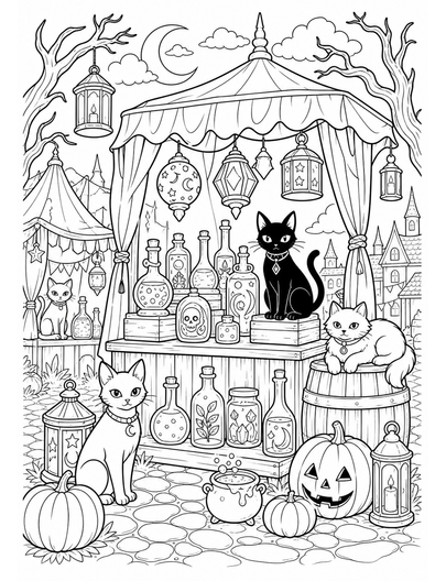 Spooky Potion Market With Lanterns And Cats printable coloring page from the halloween coloring pages collection