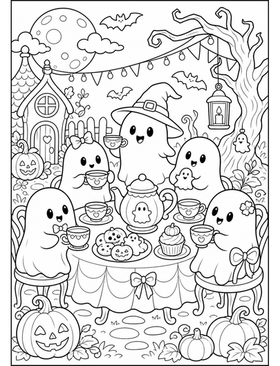 Spooky Teacup Party With Tiny Ghosts printable coloring page from the halloween coloring pages collection