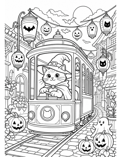 Witch Cat Tram Through Lantern Alley printable coloring page from the halloween coloring pages collection