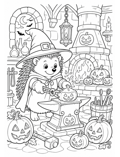 Witch Hedgehog At The Pumpkin Lantern Forge printable coloring page from the halloween coloring pages collection