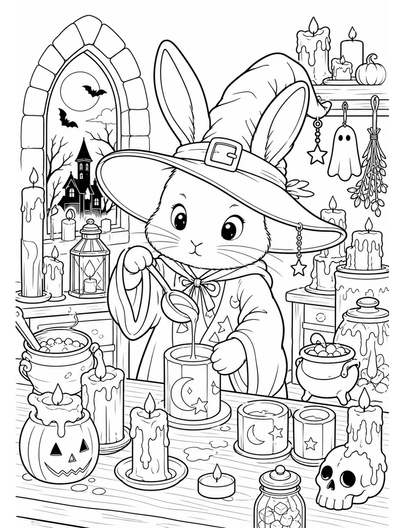 Witch Rabbit In A Haunted Candle Workshop printable coloring page from the halloween coloring pages collection