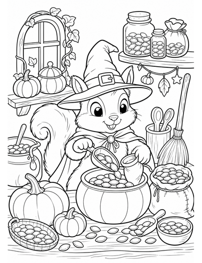 Witch Squirrel In A Pumpkin Seed Workshop printable coloring page from the halloween coloring pages collection