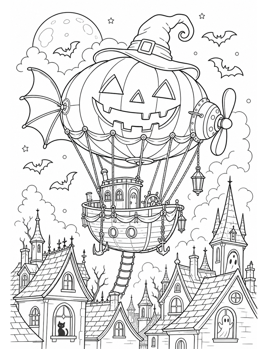Witchy Pumpkin Airship Above Haunted Rooftops printable coloring page from the halloween coloring pages collection