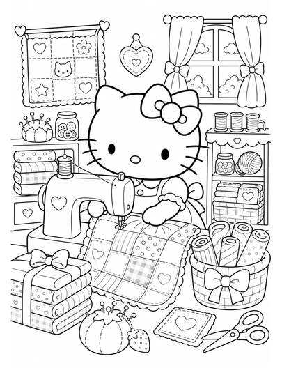 Bow-Wearing Kitty Sewing In A Patchwork Studio printable coloring page from the hello kitty coloring pages collection