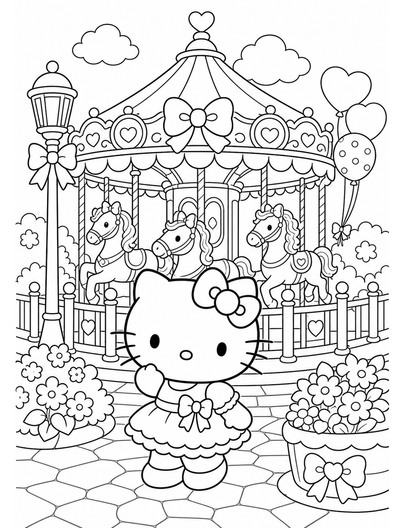 Hello Kitty At A Carousel Pavilion printable coloring page from the hello kitty coloring pages collection