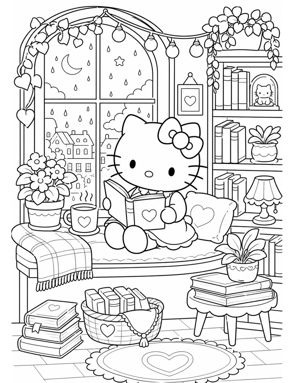 Hello Kitty At A Cozy Bookstore Window printable coloring page from the hello kitty coloring pages collection