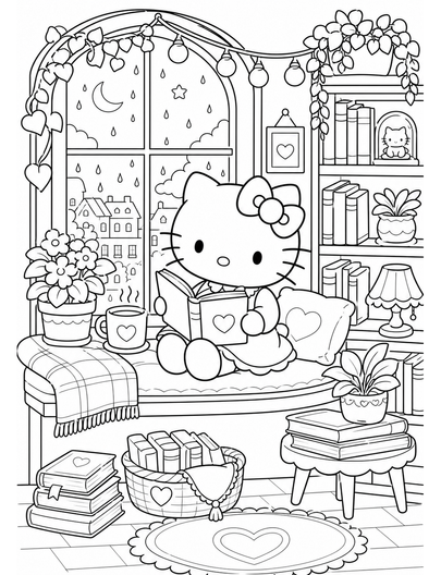 Hello Kitty At A Cozy Bookstore Window printable coloring page from the hello kitty coloring pages collection