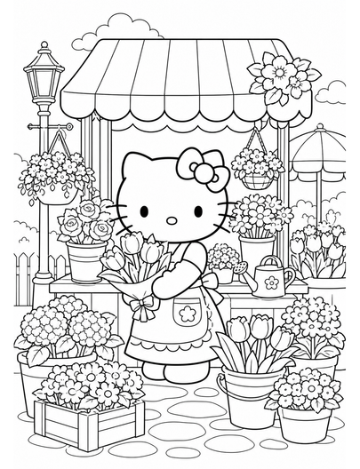 Hello Kitty At A Flower Market Stall printable coloring page from the hello kitty coloring pages collection