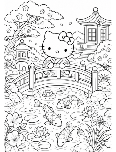 Hello Kitty At A Koi Pond Bridge printable coloring page from the hello kitty coloring pages collection
