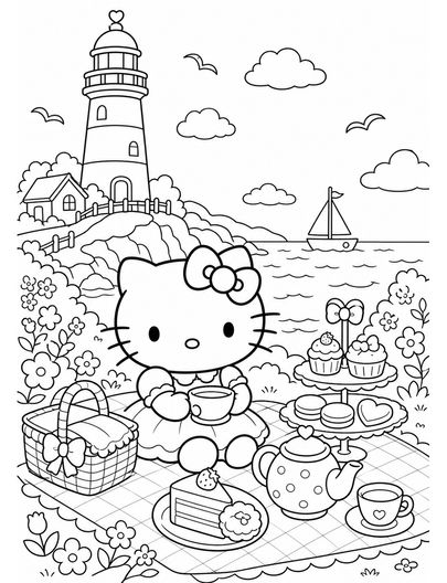 Hello Kitty At A Lighthouse Tea Picnic printable coloring page from the hello kitty coloring pages collection