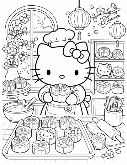Hello Kitty At A Mooncake Bakery printable coloring page from the hello kitty coloring pages collection
