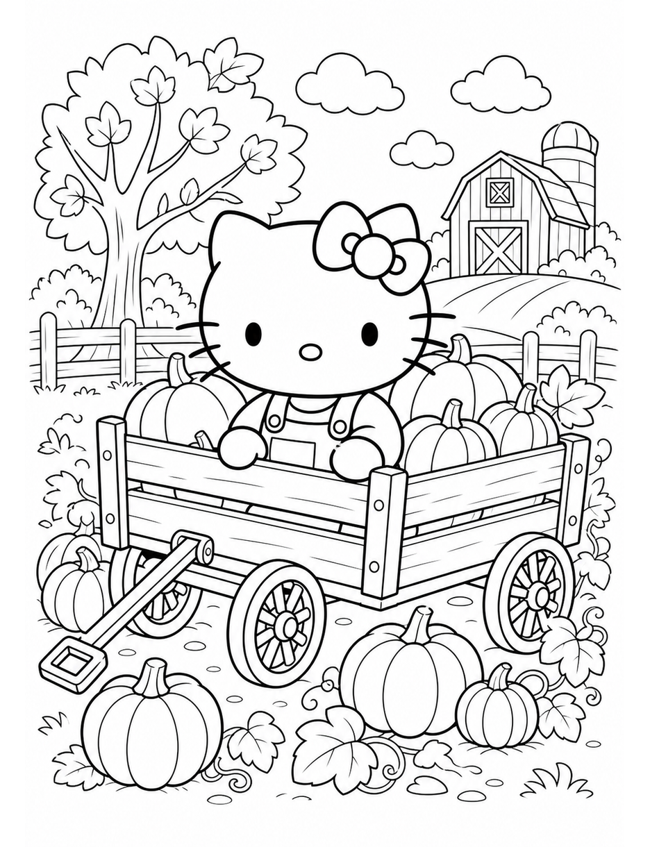 Hello Kitty At A Pumpkin Patch Wagon printable coloring page from the hello kitty coloring pages collection