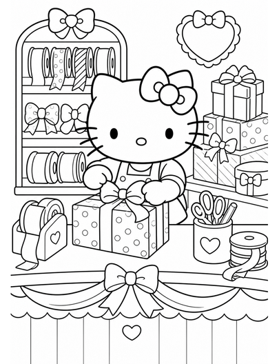 Hello Kitty At A Ribbon Wrapping Counter printable coloring page from the hello kitty coloring pages collection